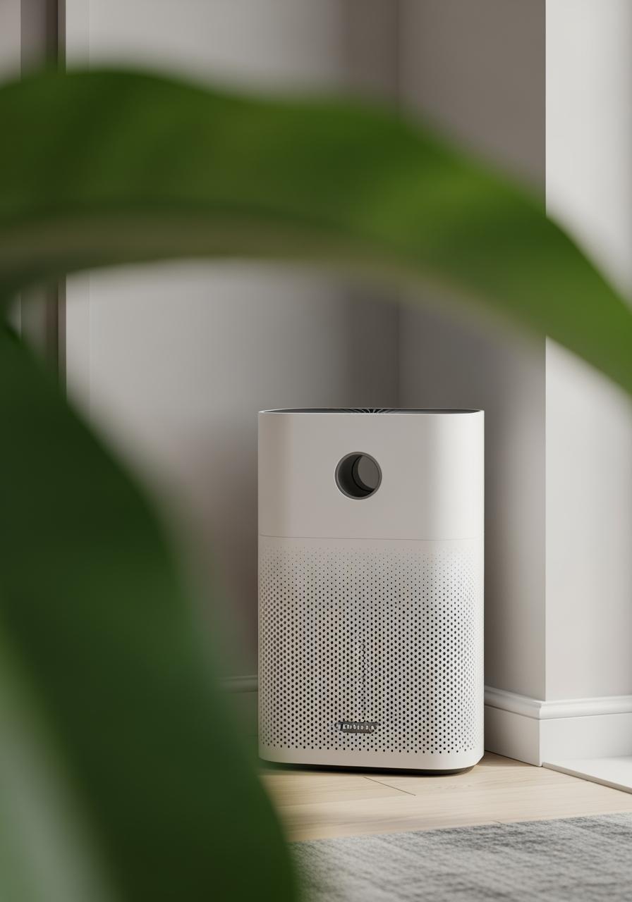 Un purificateur d'air moderne et design placé dans le coin d'une chambre pour assainir l'air intérieur.