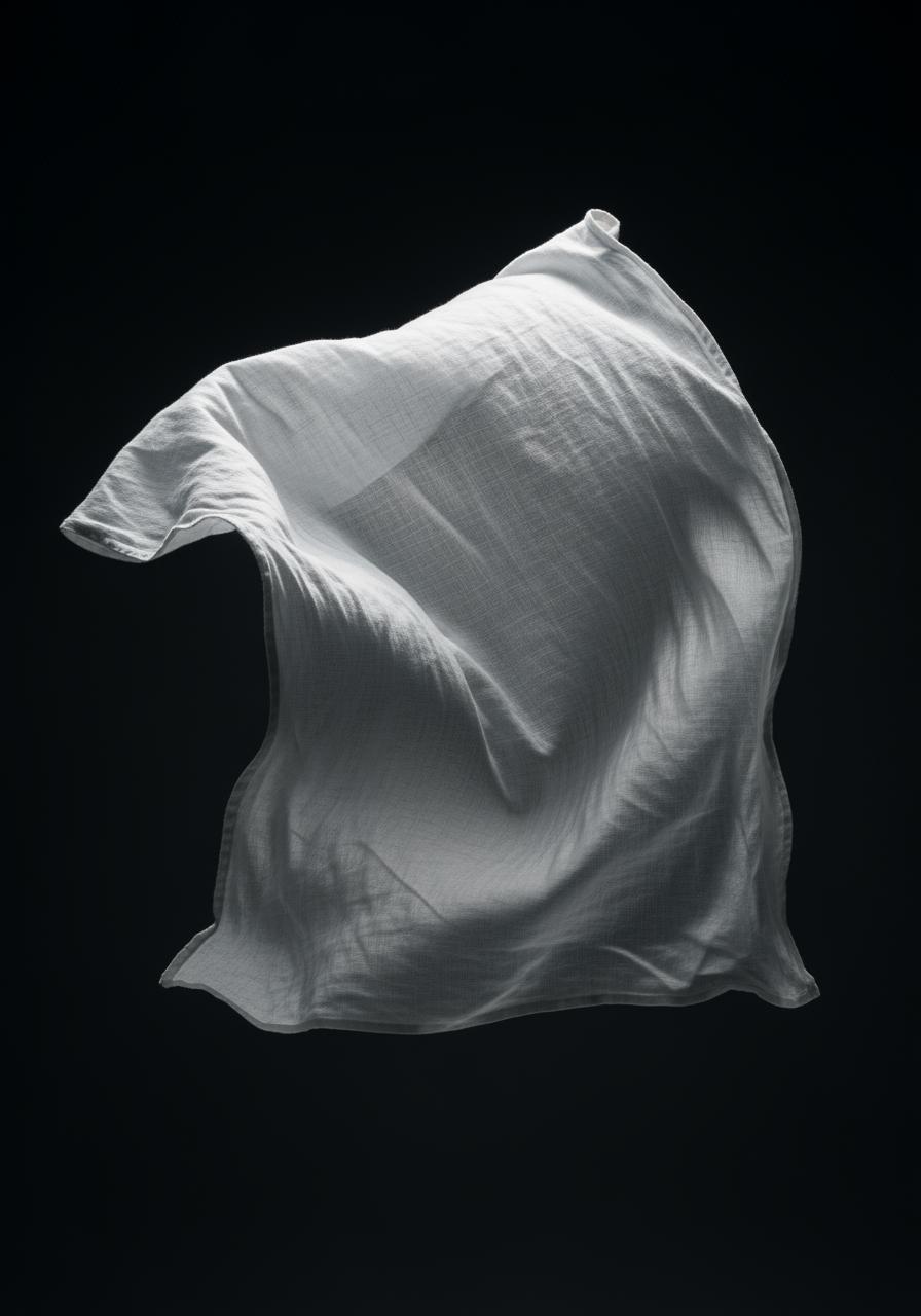 Un drap en lin léger et blanc, suspendu et rétroéclairé, montrant sa texture délicate et sa légèreté pour illustrer qu'un faible grammage peut être luxueux.