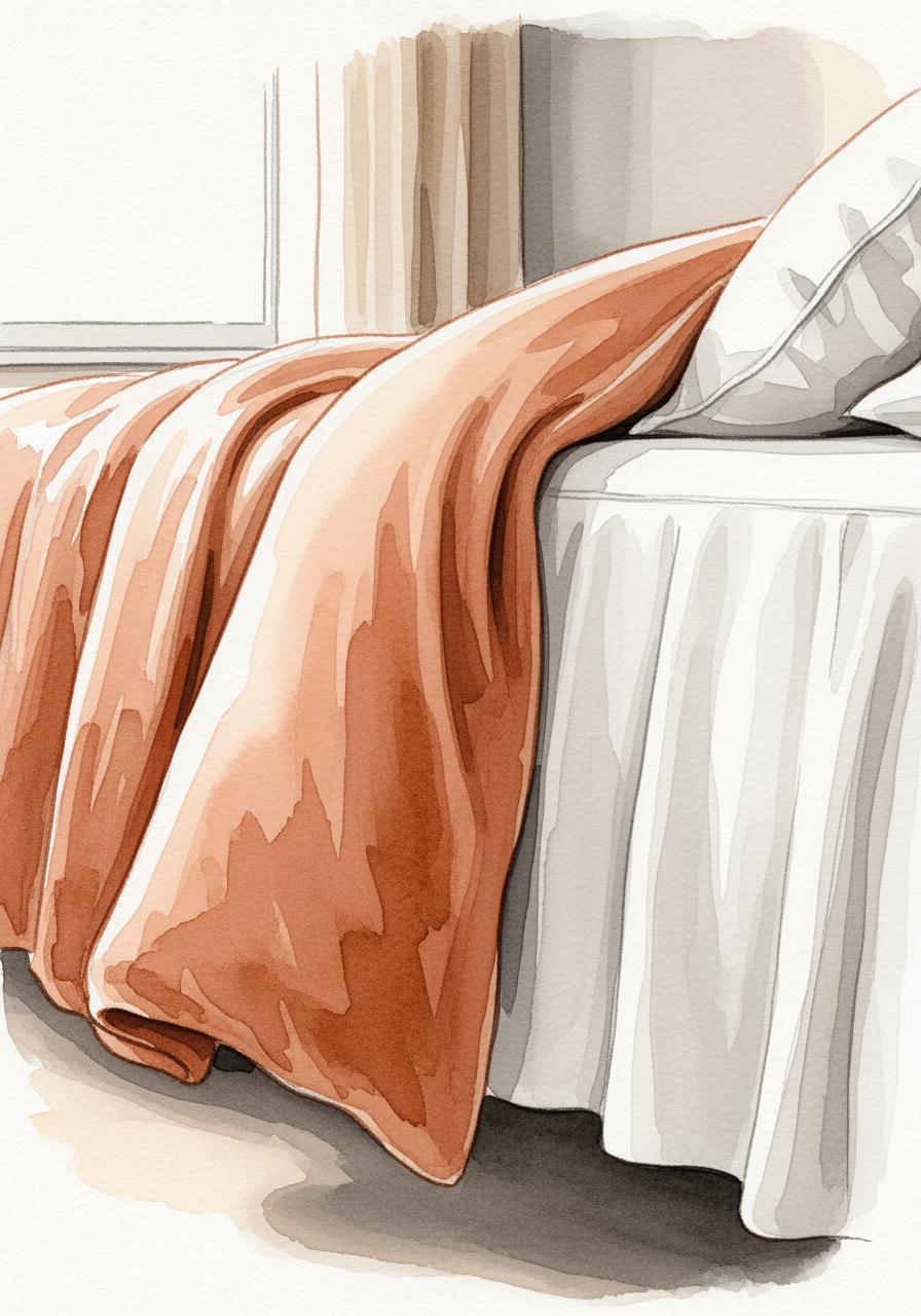 Illustration à l'aquarelle d'un coin de lit confortable avec une couette épaisse en flanelle de couleur chaude, évoquant le confort pour l'hiver.