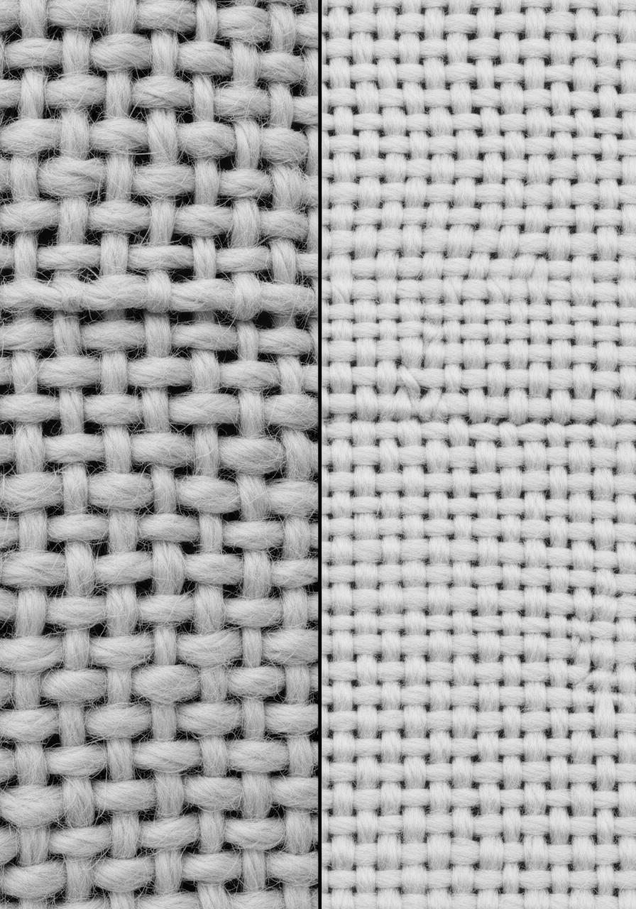 Une vue macro comparant deux tissages de tissu : un lâche avec des fils épais et un très serré avec des fils fins et délicats.