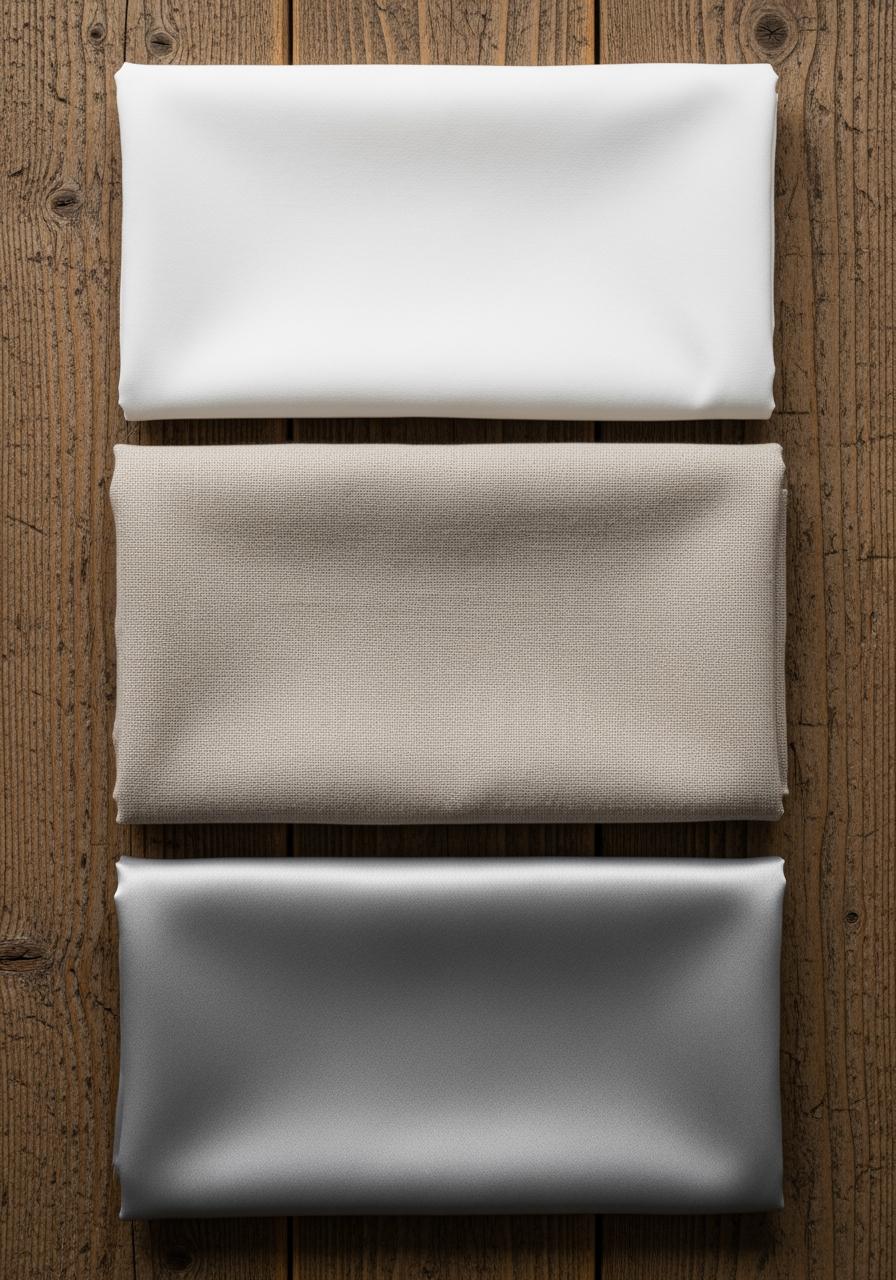 Vue de dessus de trois échantillons de tissu : percale de coton mate, lin lavé texturé et satin de coton lisse et brillant.