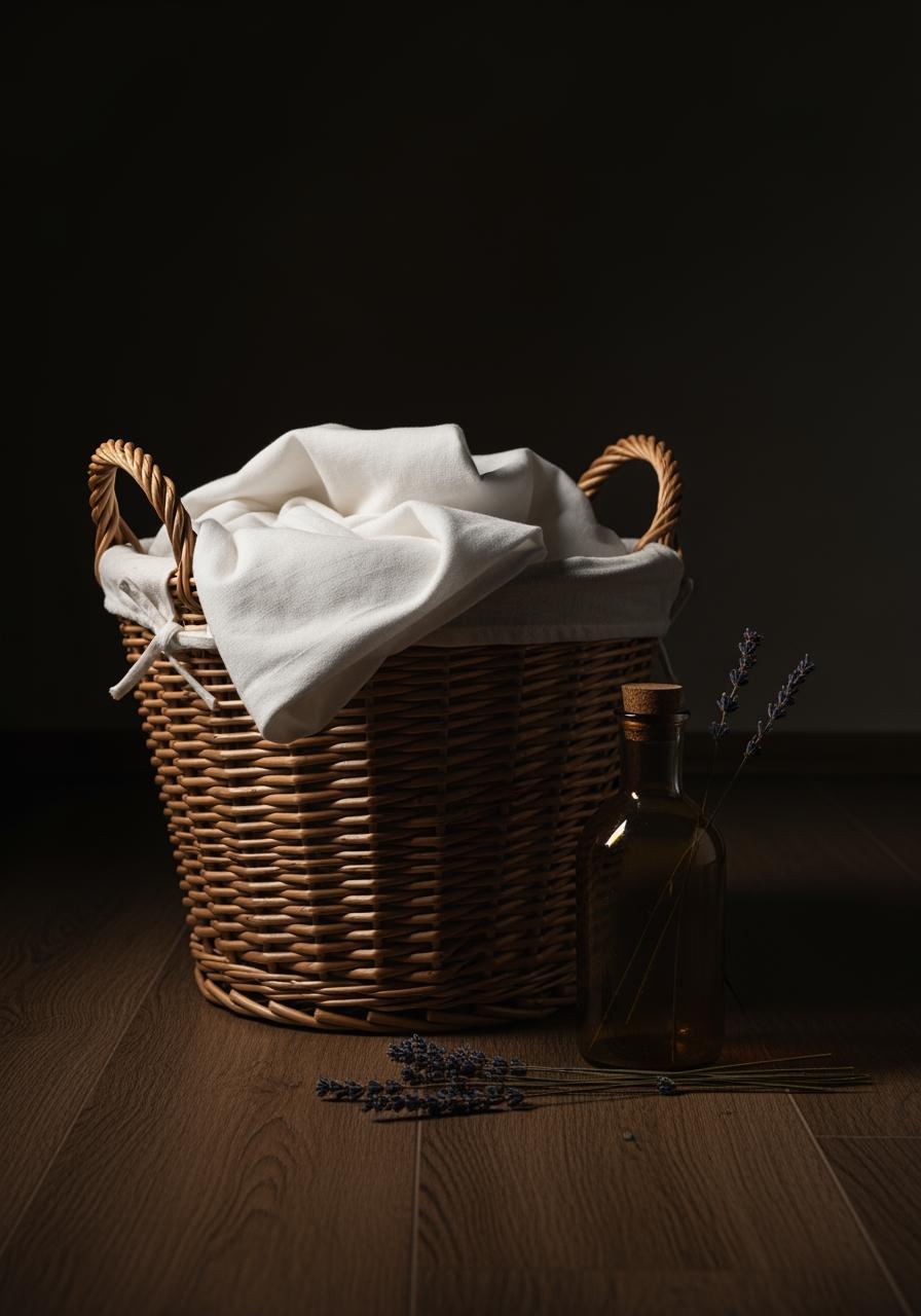 Un panier à linge en osier avec un drap blanc propre, à côté d'une bouteille en verre ambré et de lavande, évoquant un entretien délicat.