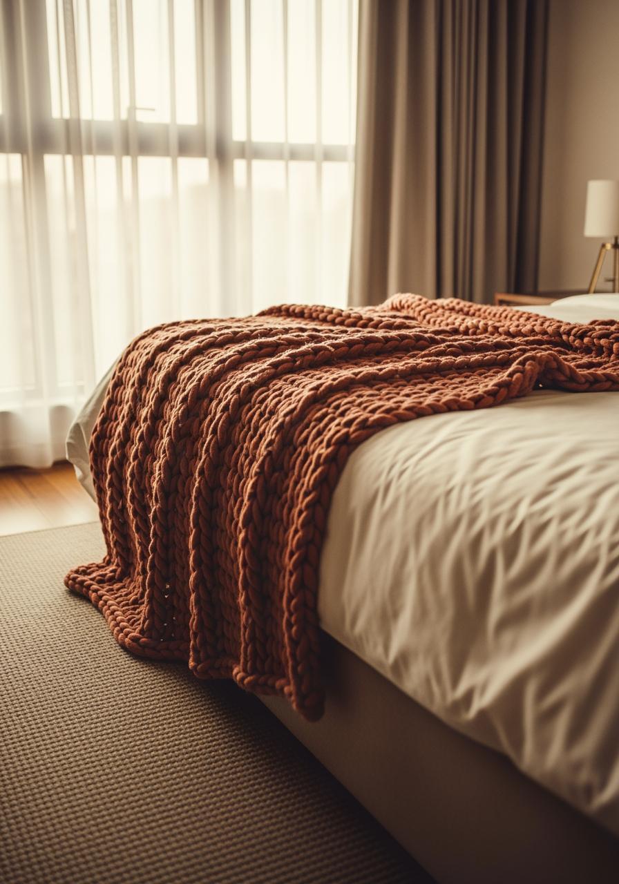 Le pied d'un lit avec une couverture en tricot couleur terre cuite dans une chambre paisible et lumineuse, style vintage.