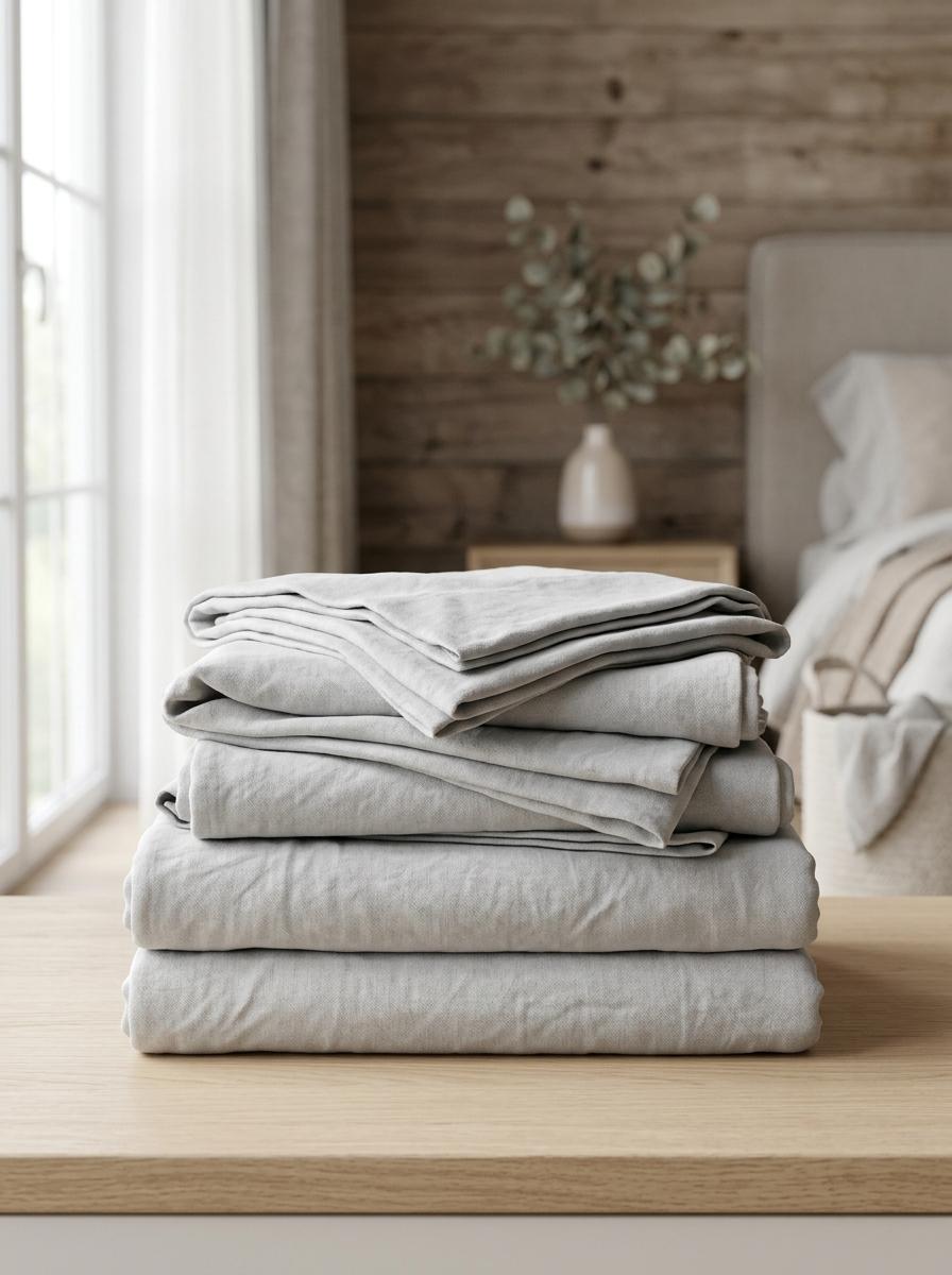Une pile de draps en lin gris clair, parfaitement pliés et visiblement doux, symbolisant le confort retrouvé.