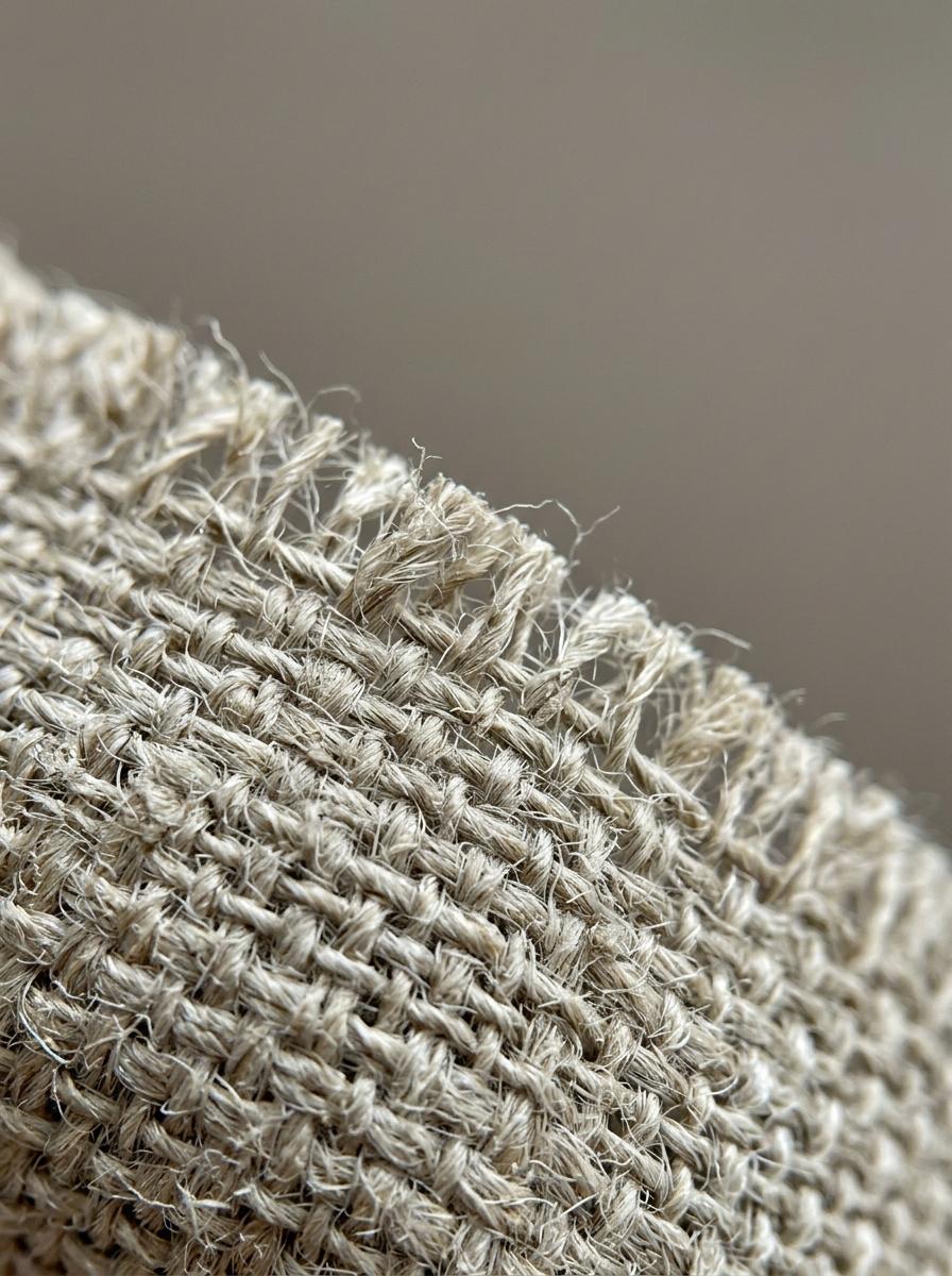 Macro-photographie de la texture d'un tissu en lin neuf et rêche, montrant le tissage serré des fibres.