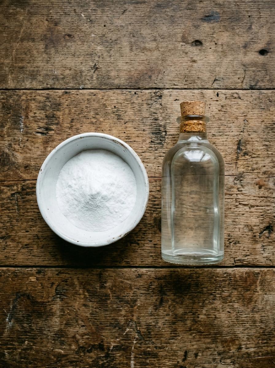 Vue de dessus d'ingrédients naturels pour adoucir le linge : un bol de bicarbonate de soude et une bouteille de vinaigre blanc.