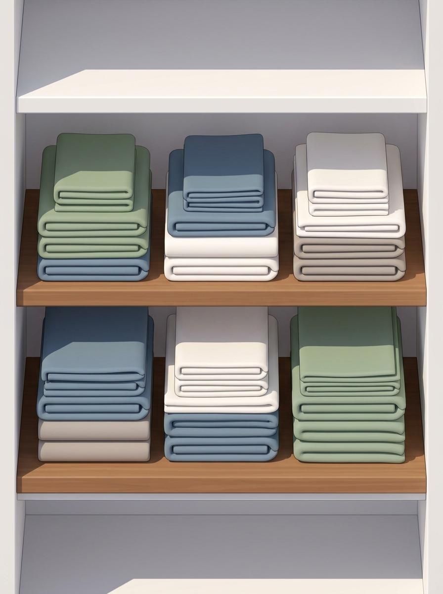 Illustration d'une armoire à linge bien organisée avec des piles de draps et de taies d'oreiller de différentes textures.