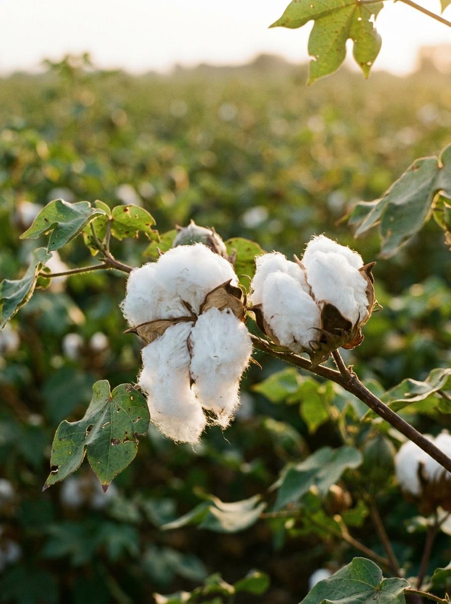 Une branche de cotonnier avec des bourgeons de coton doux et blancs, symbolisant la qualité de la fibre brute.