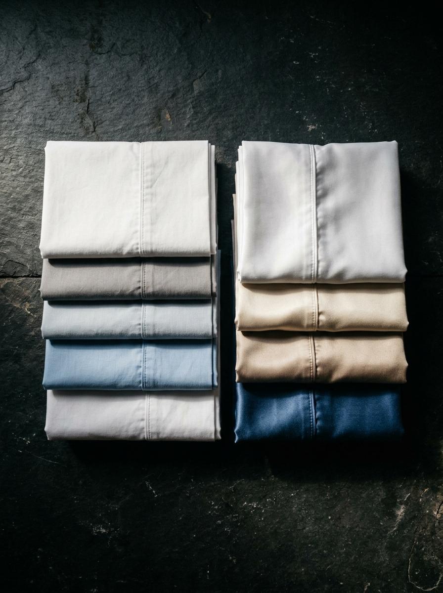 Vue de dessus de deux piles de draps pliés : une avec une finition mate (percale) et l'autre avec un éclat soyeux (satin).