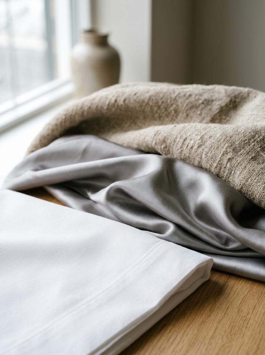 Comparaison visuelle de trois échantillons de tissu : percale mate, satin soyeux et lin texturé.