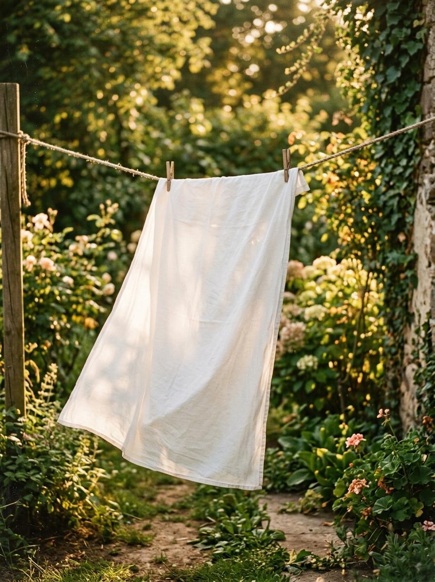 Un drap blanc de haute qualité séchant sur une corde à linge dans un jardin ensoleillé, symbolisant un entretien doux et naturel.