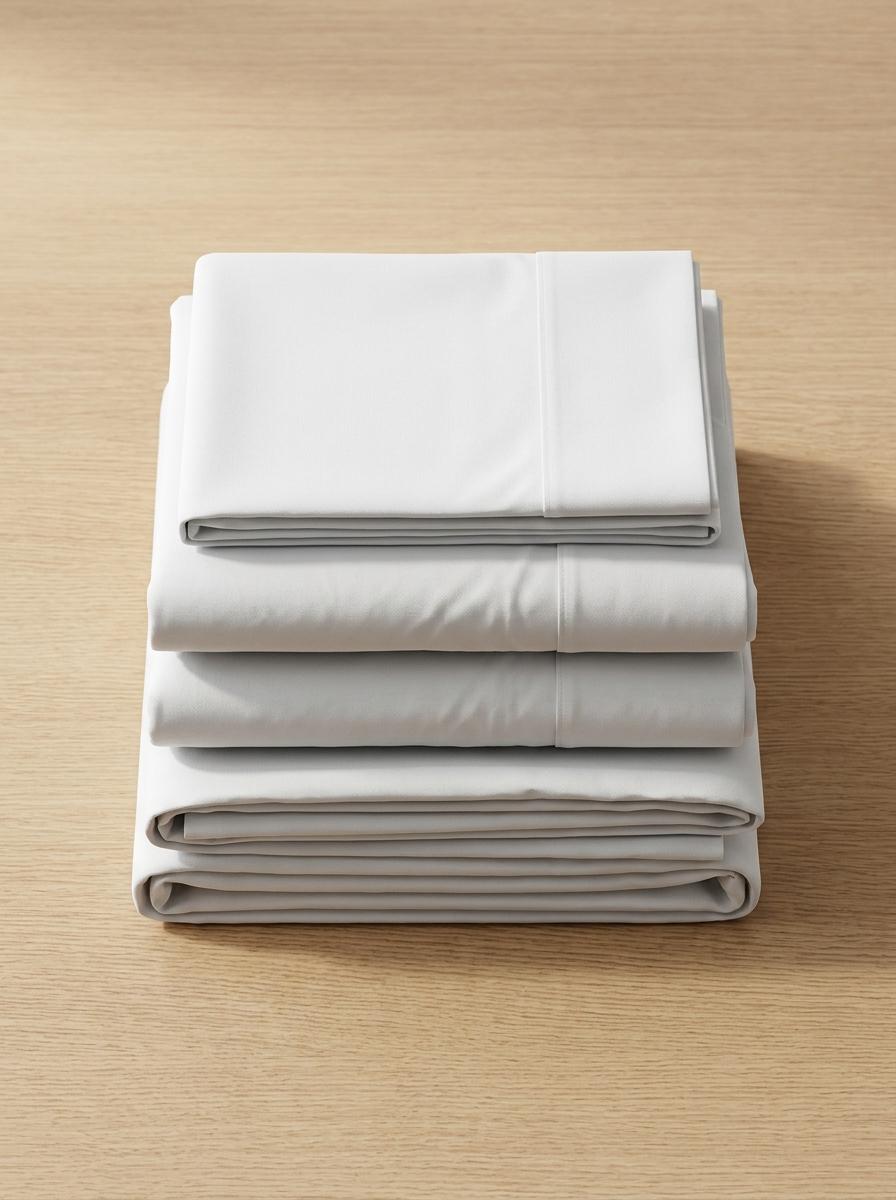 Vue de dessus d'une pile de draps de haute qualité, parfaitement pliés, représentant un choix de linge de lit durable et satisfaisant.