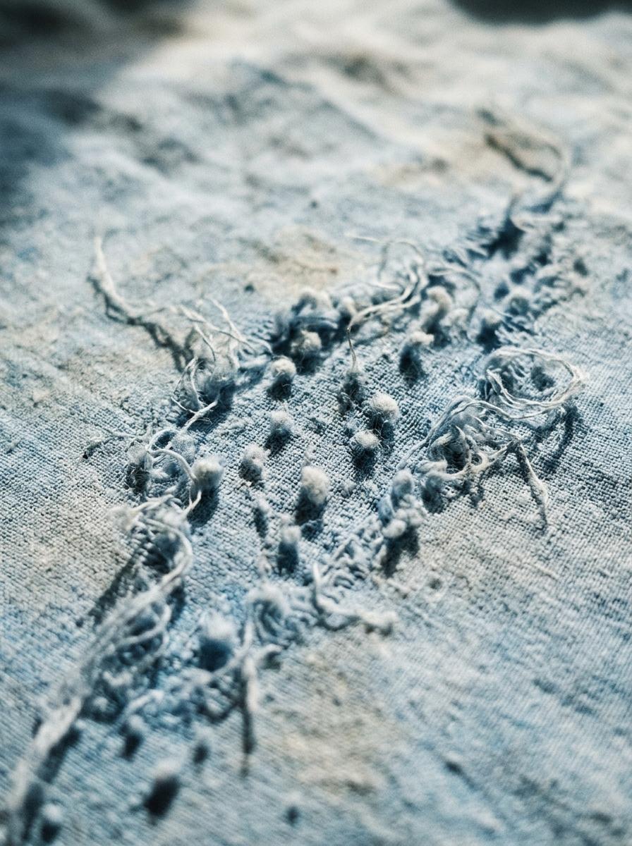 Gros plan sur un tissu de drap bouloché et usé, illustrant la faible qualité et le manque de durabilité.
