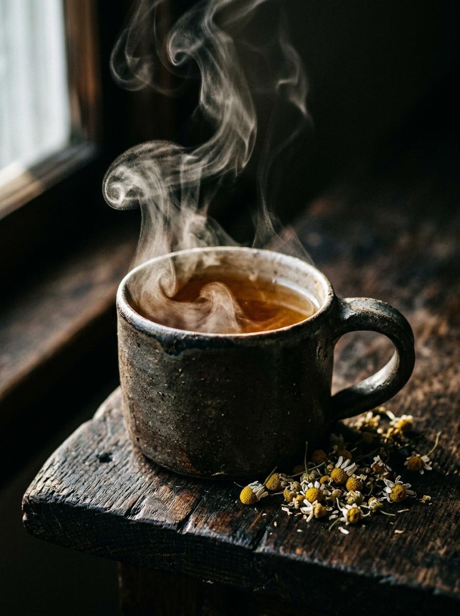 Gros plan sur une tasse de tisane fumante à la camomille, un élément clé d'un rituel du coucher chronométré.