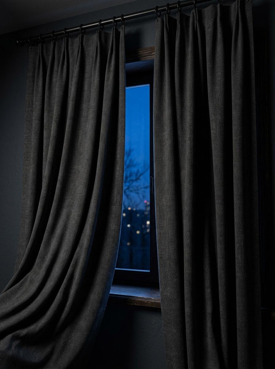 Un rideau occultant épais presque entièrement fermé, créant un environnement de chambre sombre propice au sommeil.