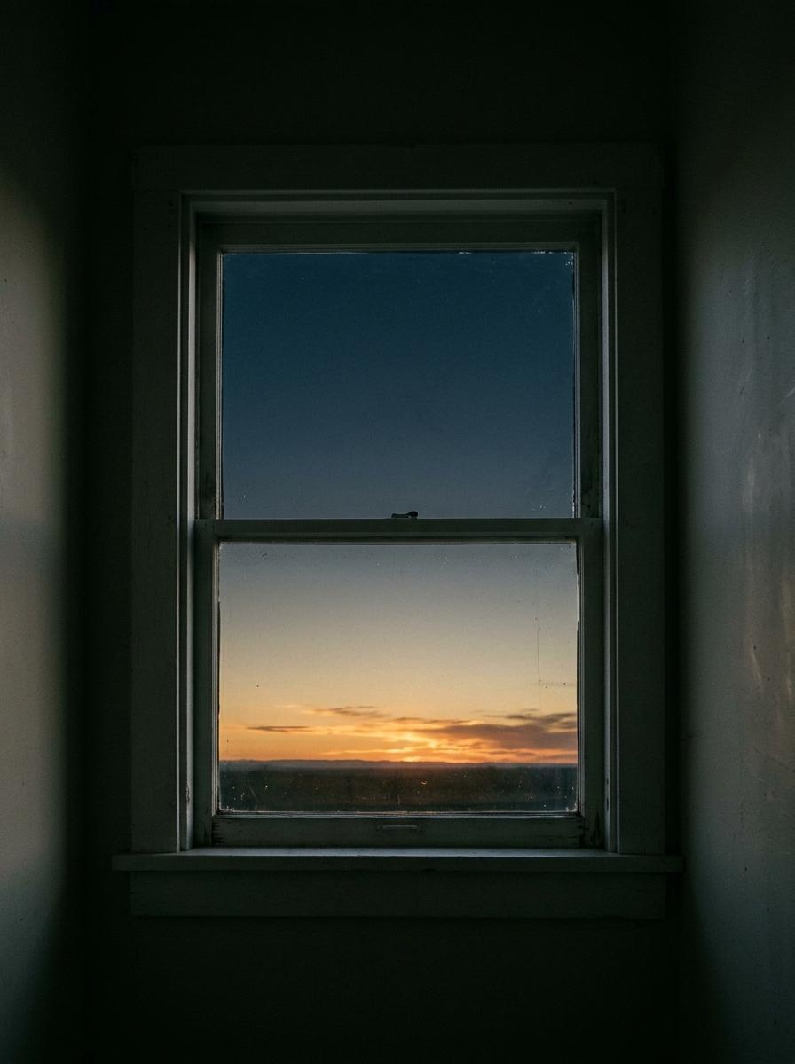 Vue à travers une fenêtre montrant la transition du coucher de soleil au ciel nocturne, illustrant le rythme circadien.