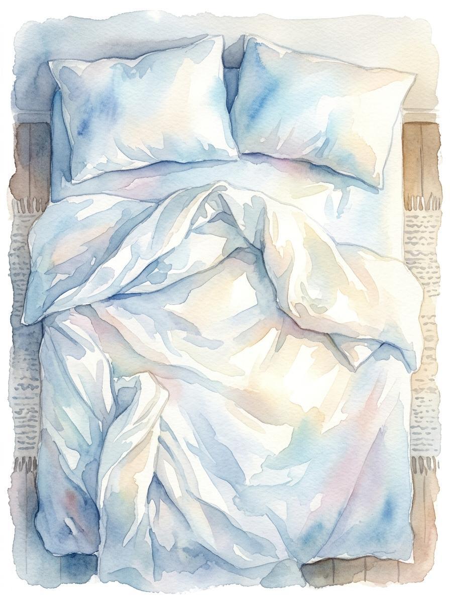 Illustration à l'aquarelle d'un lit baigné de lumière matinale, symbolisant le réveil après une nuit de sommeil réussie.
