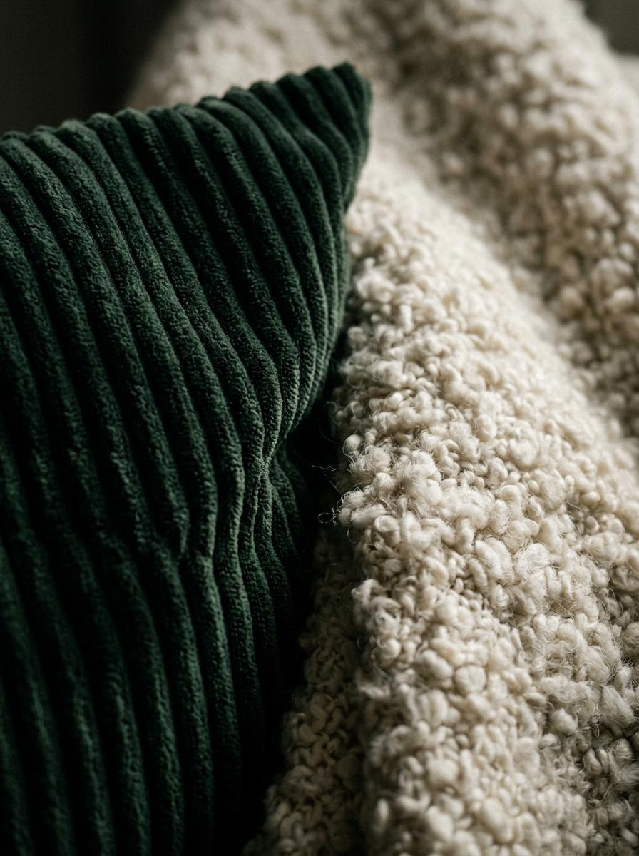 Gros plan macro sur des textures superposées : un coussin en velours côtelé vert et une couverture en laine bouclée crème.