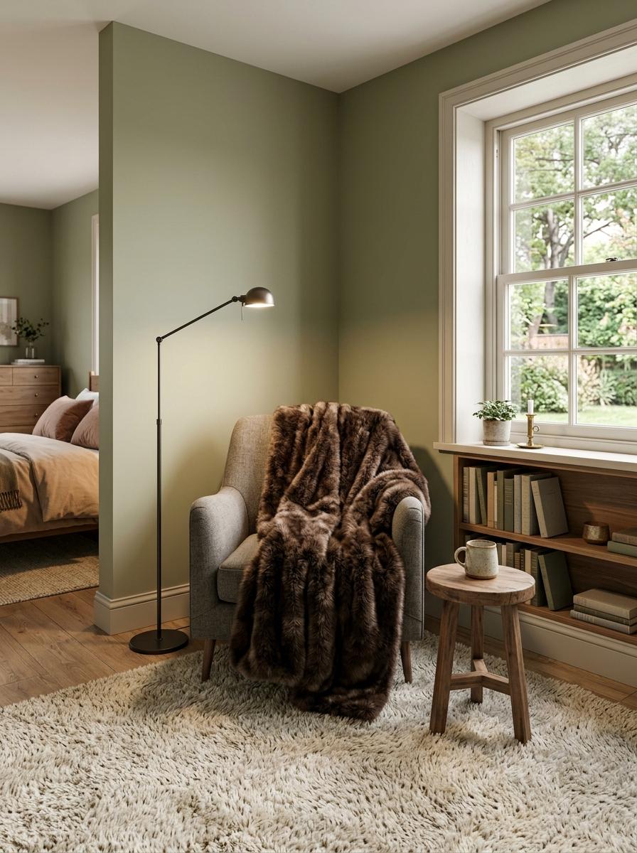 Synthèse d'une chambre d'automne : un coin lecture avec un fauteuil confortable, un plaid en fausse fourrure et un tapis douillet.