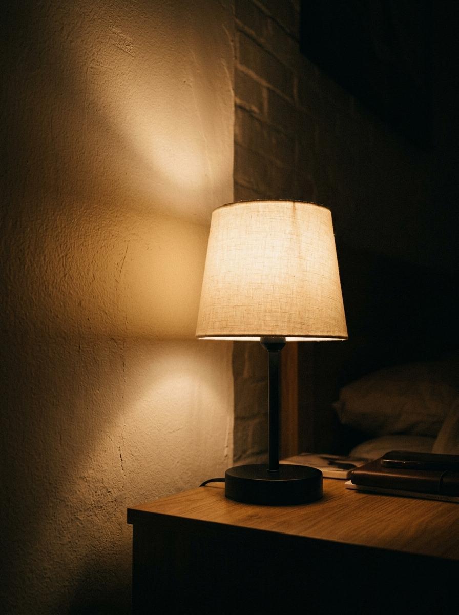 Une lampe de chevet allumée, projetant une lueur chaude et dorée sur un mur texturé pour une ambiance intime.