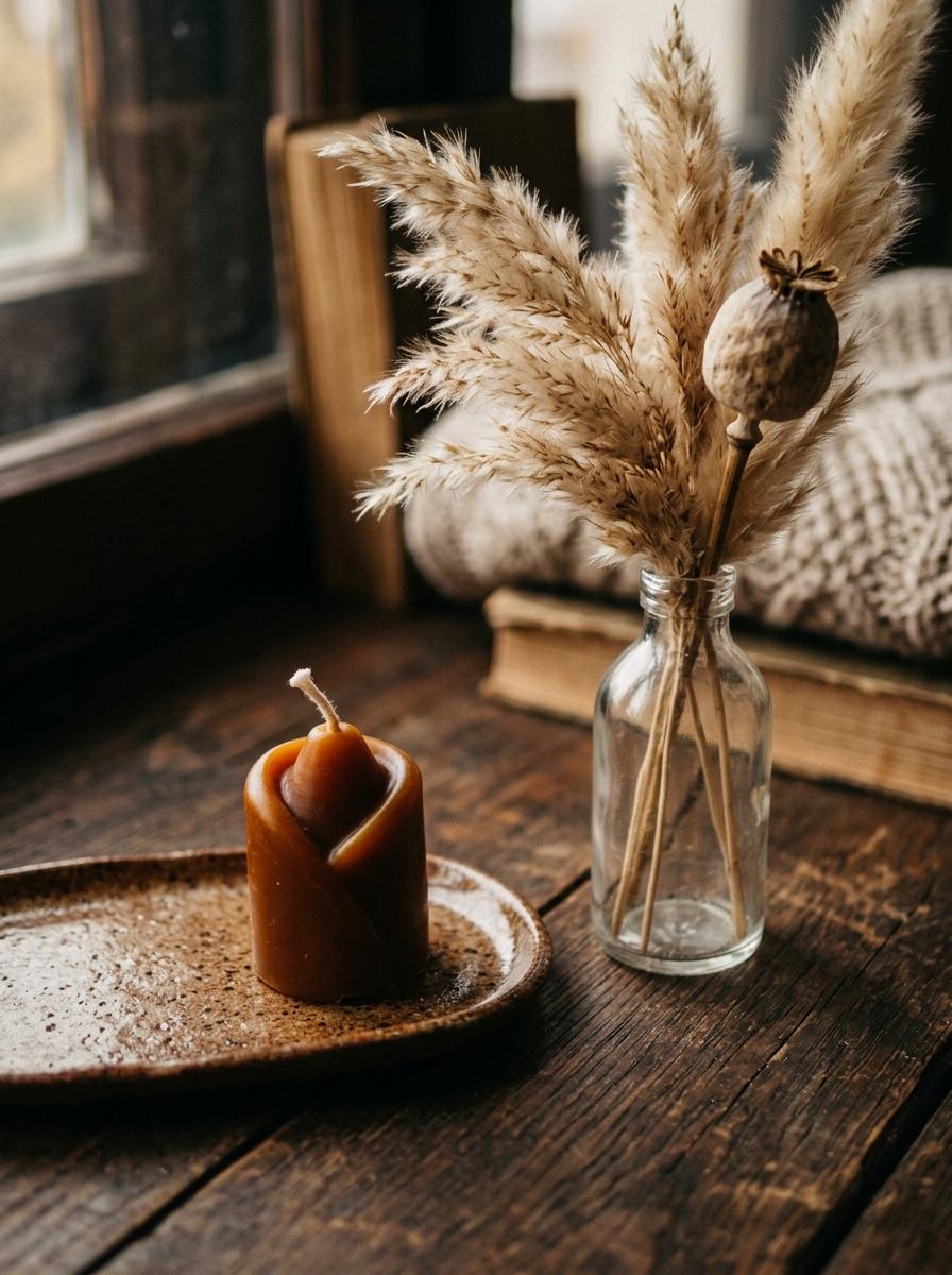 Nature morte d'accessoires d'automne : une bougie sculpturale non allumée et un vase avec de l'herbe de la pampa séchée.