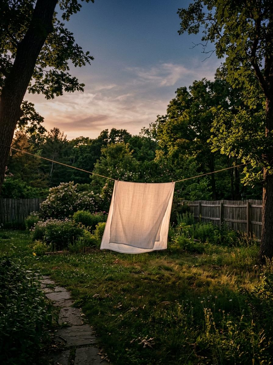 Un drap en lin blanc séchant à l'air libre sur une corde à linge pendant le coucher du soleil, évoquant un soin doux et durable.