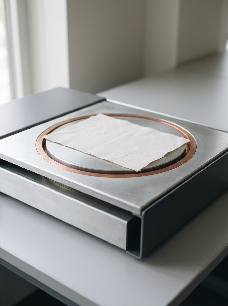 Échantillon de coton posé sur la plaque d’un appareil d’essai thermique textile en laboratoire.